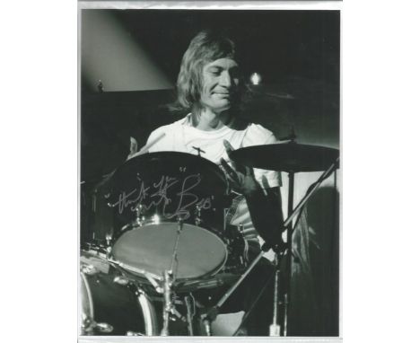 Charlie Watts signed 10 x 8 b/w photo. Drummer with the Rolling Stones. Good Condition. All signed items come with our certif