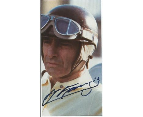 Fangio signed 6 x 2 colour portrait photo. Good Condition. All signed items come with our certificate of authenticity. We com