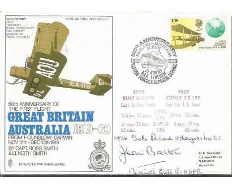 Jean Batten signed 50th anniv of the first flight Great Britain to Australia FDC. Good Condition. All signed items come with 