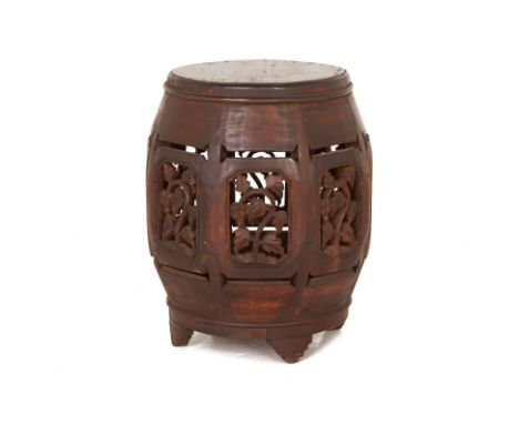 A CARVED WOODEN STOOL
Barrel shape, the sides carved and pierced with fruiting vines and on shaped bracket feet
44cm high x 3