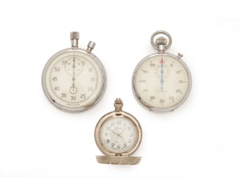 TWO VINTAGE STOPWATCHES, A POCKET WATCH &amp; A METAL PENDANT
Comprising: one stopwatch signed J. Auricoste; another marked '