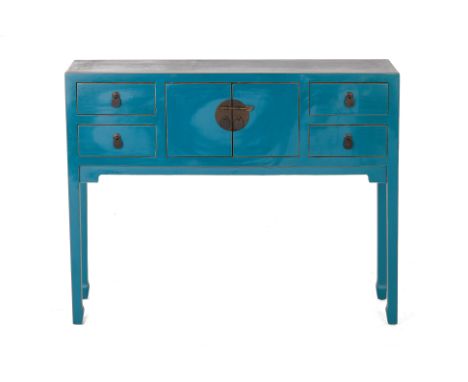 A BLUE PAINTED CONSOLE TABLE
Fitted with four short drawers and a central pair of cupboard doors
80cm high x 99cm wide x 28cm