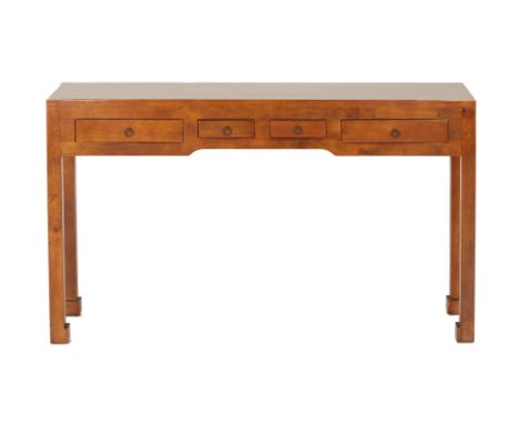 A MANGO WOOD CONSOLE TABLE
Fitted with four small drawers, the square supports on hoof feet
76cm high x 120cm wide x 30cm dee