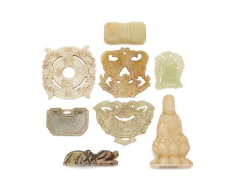 A GROUP OF ASSORTED JADE CARVINGS
Including various plaques, a figure of Guanyin etc.
The Guanyin 11cm high
Condition: Some g