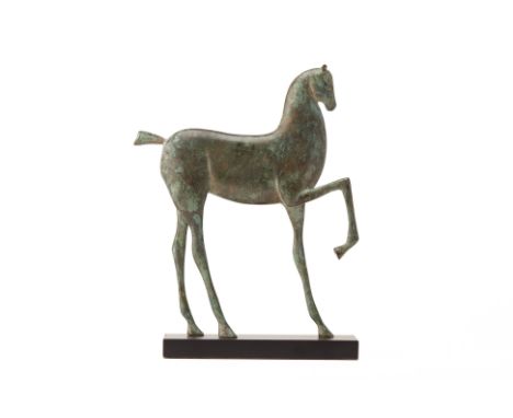 A PATINATED METAL MODEL OF A HORSE
Of stylised design with exaggerated legs, on black plinth base
30cm high x 20cm wide
Condi