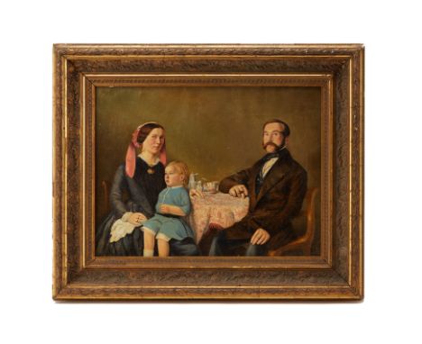 AMERICAN SCHOOL, 19TH CENTURY, FAMILY PORTRAIT
Family group seated at a table 
Oil on canvas, unsigned
29cm x 38cm; 43cm x 53
