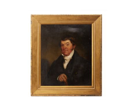 19TH CENTURY SCHOOL, PORTRAIT OF A GENTLEMAN
Half length, in a black jacket and white cravat, holding a cane
Oil on canvas, r