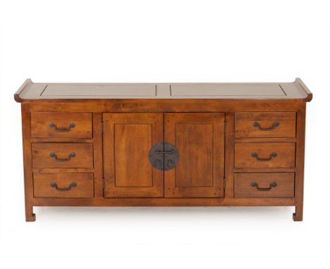 A CHINESE MANGO WOOD SIDEBOARD
With upturned scroll ends, fitted with a pair of cupboard doors flanked drawers
63cm high x 14