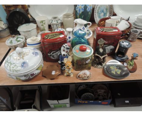 A selection of ceramic and printed tins including Bellamy hunting themed