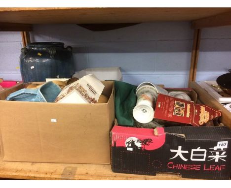 Three boxes of assorted and a planter