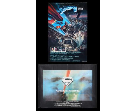 Two UK "Superman" posters: a UK Quad Advance for "Superman" (1978) with Bob Peak illustration and a UK One-Sheet for "Superma