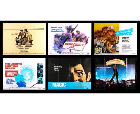 Six UK Quad posters 1974-83: "The Sting" (1974) with Richard Amsel illustration, "Macon County Line" (1974) with Putzu illust