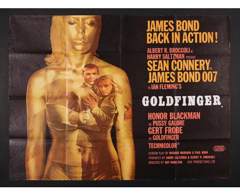 UK Quad poster for "Goldfinger" (1964), the third in the series of James Bond films starring Sean Connery. Graphic designer R