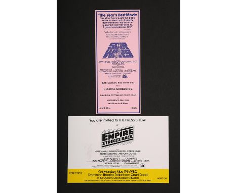 Two UK Special Screening/Press Show Invitations (1977-80), including the Special Screening of "Star Wars", 20th July 1977 and