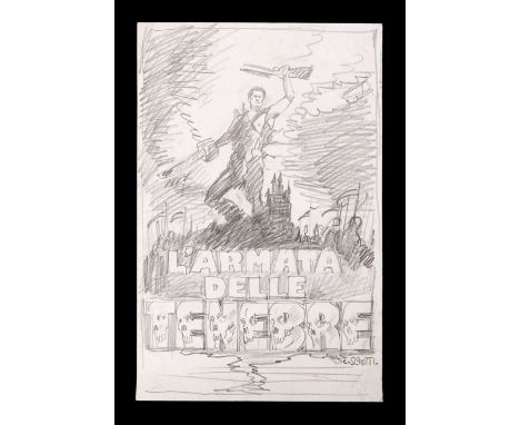 Orignal concept Artwork for the Italian poster campaign for the horror film "Army Of Darkness" (1992). This Sam Raimi film wa