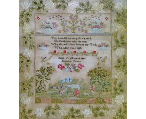 William IV petit-point and embroidered sampler decorated with a landscape with figures, angels, vases of flowers and verse 'T