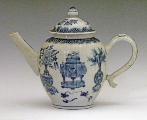 Chinese export melon shaped teapot having blue and white painted decoration depicting antiques and artefacts, 20cm high  Cond