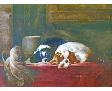 After Sir Edwin Landseer - Painted and transfer printed ceramic panel - The Cavaliers Pets, being a study of two King Charles