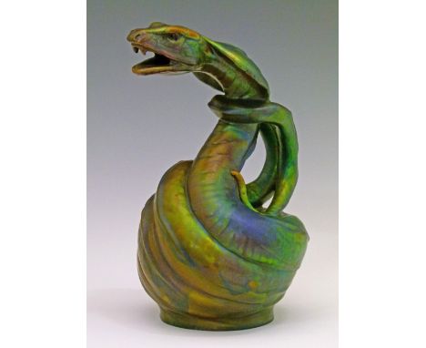 Rare Zsolnay 'Serpent' ewer, formed as a coiled Hooded Cobra, having a purple/green iridescent lustre glaze, base with green 