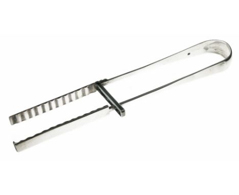 Pair of William IV silver serving tongs having narrow crimped blades, 28.5cm long  Condition: The moveable 'blade' is pressed