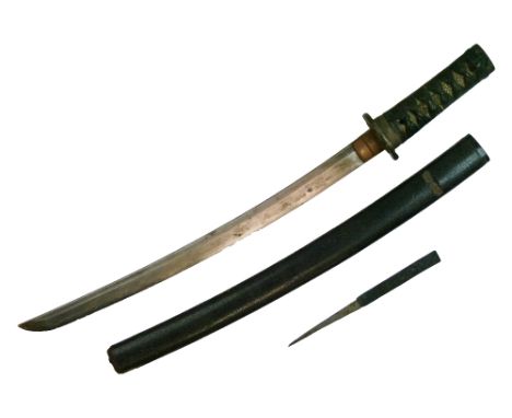 Japanese short sword 'Wakizashi', curved blade 43cm long, signed on tang, wooden hilt covered with ray skin and bound with ta