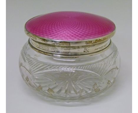 George V cut and engraved glass powder bowl having a silver and pink guilloche enamel cover, makers probably Deakin & Francis