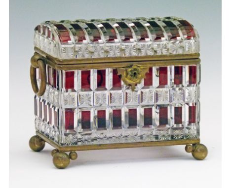 19th Century French brass mounted ruby and clear cut glass casket, bearing the mark of Maison Siraudin of Paris, having a hin