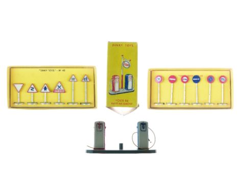 Toys - French Dinky die-cast - Road Signs, two sets (40 and 41) together with Esso Petrol Pumps (592/49d), all boxed  Conditi