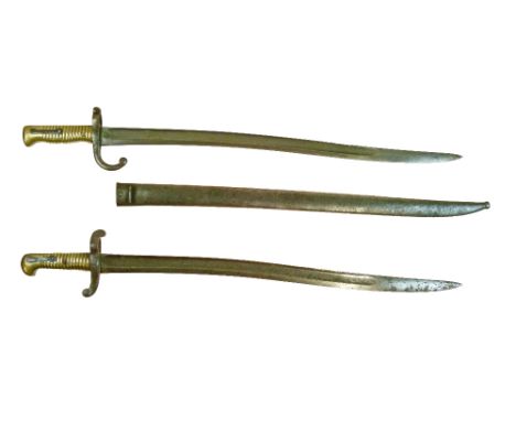 Two French bayonets - Model 1842 sabre bayonet, brass hilt, 57cm yataghan blade dated 1855, and a Model 1866 'Chassepot' sabr