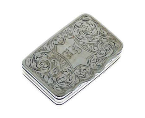 Victorian silver rectangular snuff box having engraved foliate scroll decoration, makers Minshull & Latimer, Birmingham 1898,