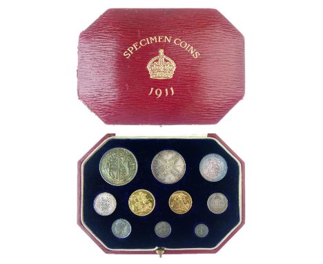 Coins - George V gold and silver specimen coin set, 1911 comprising: ten coins 1d - sovereign, in red case of issue Condition