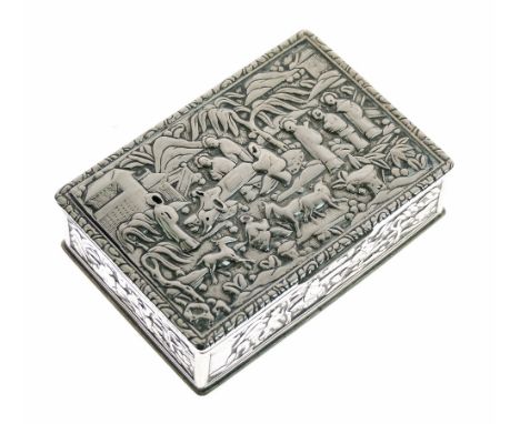 19th Century Chinese white metal snuff box having allover decoration in relief depicting figures in a village setting, unknow