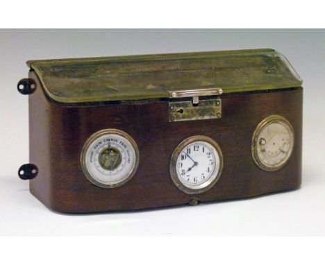 Automobilia - Scarce early 20th Century mahogany and glass motorist's vanity case, the façade fitted with a clock, barometer 