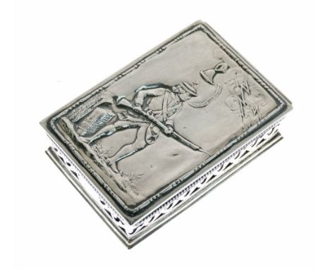 George III silver box, the hinged cover decorated with a soldier with a musket and standing beside a stack of books and with 