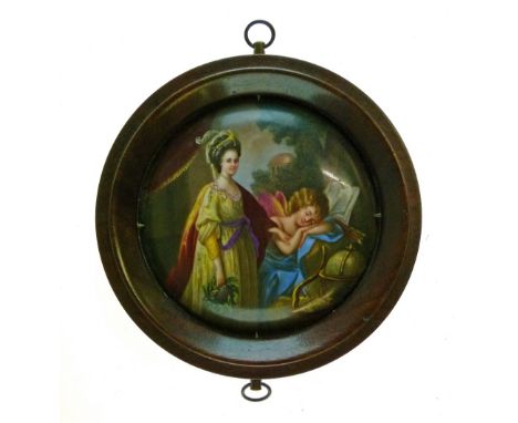 19th Century Continental porcelain convex circular plaque or box cover having double sided painted decoration depicting a wom