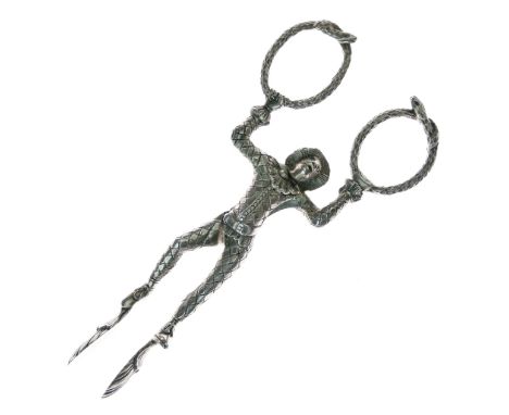 Pair of Victorian silver novelty sugar tongs formed as a monkey in a harlequin suit holding aloft two coiled snakes, hallmark