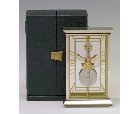 Jaeger-LeCoultre silver plated and gilt brass cased desk clock, ref. 481, having a visible skeleton movement, signed to glass