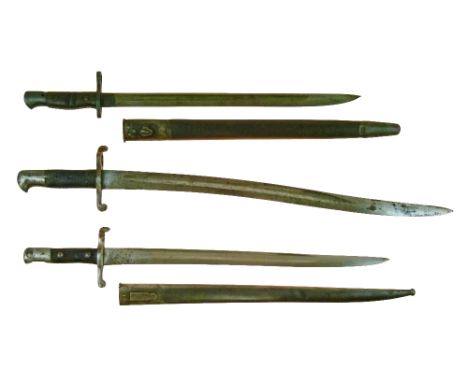 American bayonet dated 1917 by Remington, wooden grips and its leather scabbard with two metal mounts, an English pattern swo