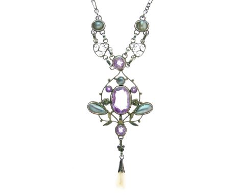 Arthur & Georgina Gaskin - Amethyst and blister pearl silver pendant on chain, with a freshwater pearl drop, 43cm overall len