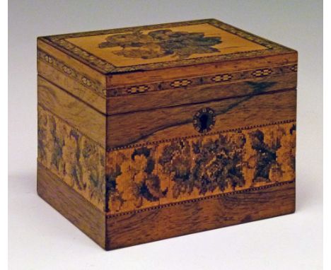 19th Century Tunbridge Ware rectangular tea caddy having floral decoration, the hinged cover opening to reveal a lidded inter