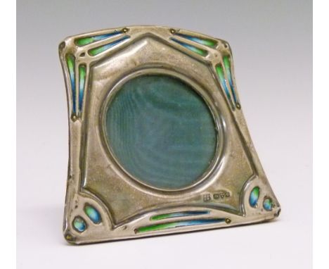 Small Edward VII Art Nouveau design silver and enamel picture frame of tapered rectangular form, makers John & William Deakin