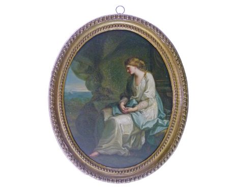 After Angelica Kauffmann - Oil on board - Study of a seated classical maiden, 25.5cm x 19.5cm  Condition: Some light crackelu