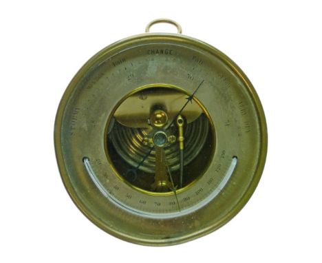 Late 19th/early 20th Century brass cased ship's style barometer and thermometer, the silvered dial with visible mechanism to 