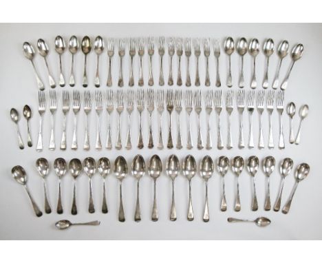 Canteen of Victorian silver Old English pattern cutlery comprising: twenty-four table forks, twelve dessert forks, six tables