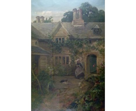 Alfred Hinley (19th Century) - Oil on canvas - A country house with a lady darning in the courtyard, signed, 90cm x 60cm  Con