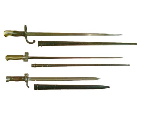 Three French bayonets - Model 1886 'Lebel' bayonet, no quillon, cruciform blade, brass handle, in correct scabbard, Model 187