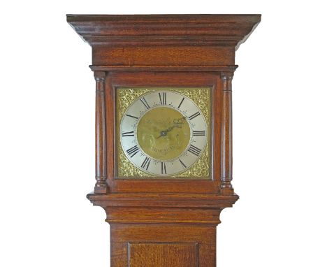 Mid 18th Century oak longcase clock by John Muzzell of Horsham, the hood with moulded cornice, square glazed door flanked by 