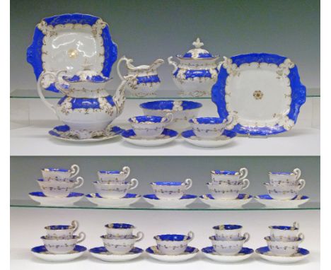 19th Century Coalport Old English tea service having gilt highlighted blue and white decoration and comprising: teapot having
