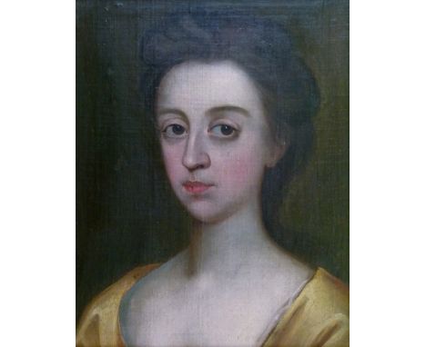 18th Century English School - Oil on canvas laid on board - Portrait of a young woman wearing a gold dress, unsigned, 37.5cm 