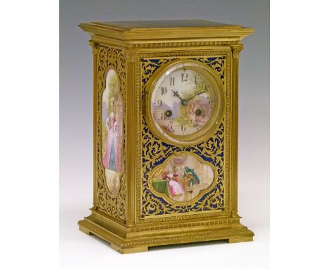 Late 19th Century French ormolu and enamel cased mantel clock, the enamel panels and dial by J.B. Bailly and depicting period